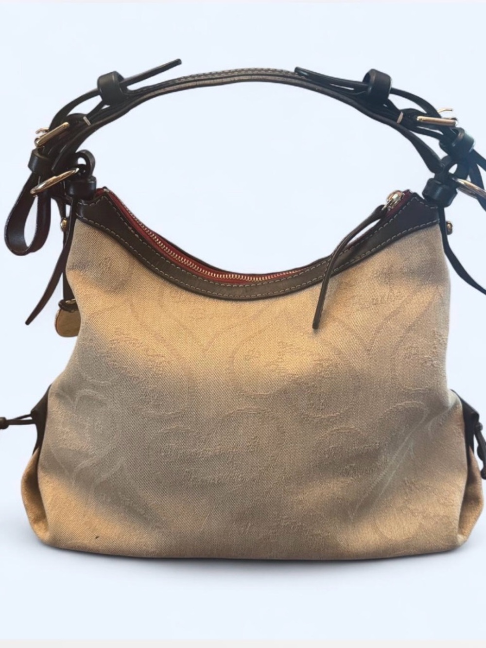 Dooney & Bourke Vintage Tan Canvas & Brown Leather Slouchy Hobo Bag - Picture 2 of 5